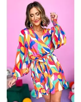 Azura Exchange Abstract Printed Belted Puff Sleeve Mini Dress XL разноцветный