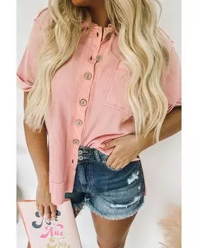 Azura Exchange Acid Wash Waffle Knit Buttoned Shirt XL розовый