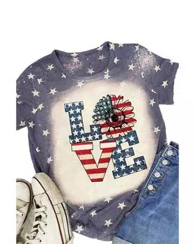 Azura Exchange Allover Bleached LOVE Sunflower Flag Graphic Tee L синий