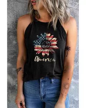 Azura Exchange Майка-топ с принтом «Подсолнух» от America Stars and Stripes — смесь полиэстера и эластана 2XL чёрный