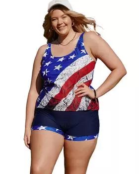 Azura Exchange American Flag Print Tankini Plus Size Swimwear 1X синий