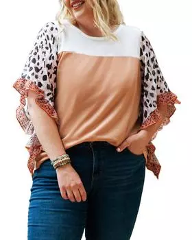 Azura Exchange Animal Print Ruffle Sleeves Plus Size Top 4X хаки