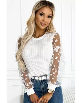 Azura Exchange Аппликация Сетчатые рукава Текстурированная трикотажная блузка XL белый