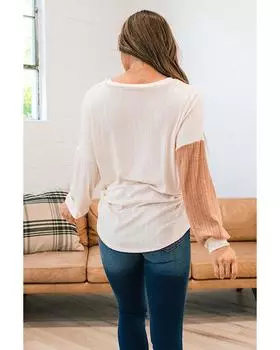 Azura Exchange Apricot Color Block Wide Ribbed V Neck Top M абрикосовый