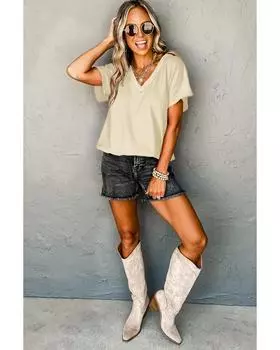 Azura Exchange Футболка абрикосового цвета с V-образным вырезом и широкими рукавами S абрикосовый