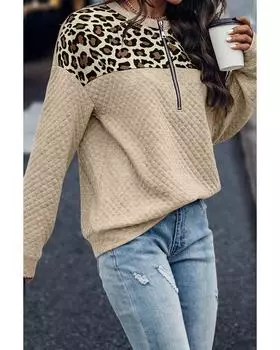 Azura Exchange Apricot Leopard Splicing Drop Shoulder Zipped Sweatshirt L абрикосовый