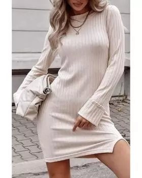Azura Exchange Apricot Tactile Texture Split Long Sleeve Knit Dress M абрикосовый