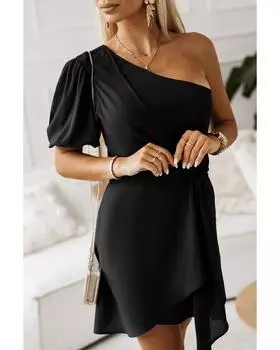 Azura Exchange Асимметричное платье-халат с рукавами-фонариками и перекрученным узлом M чёрный