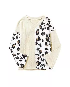 Azura Exchange Asymmetric Leopard Patchwork Wide Sleeve V Neck Sweater M бежевый