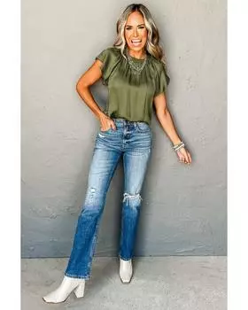 Azura Exchange Атласный топ цвета джунглей с плиссировкой и рукавами-крылышками S джунглях зеленый