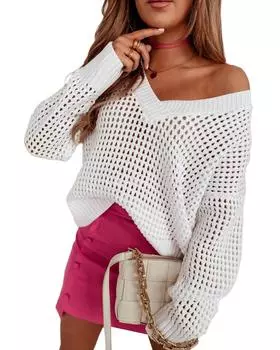 Azura Exchange Ажурный вязаный свитер с V-образным вырезом L белый