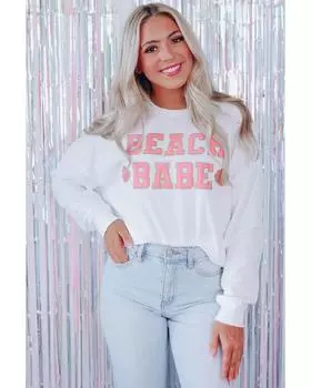 Azura Exchange BEACH BABE Slogan Graphic Sweatshirt M белый