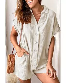 Azura Exchange Beige Buttoned Short Sleeve Romper with Pockets L бежевый