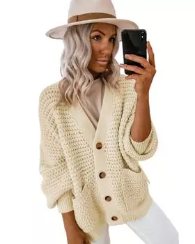 Azura Exchange Beige Chunky Textured Knit Pocketed V Neck Cardigan L бежевый