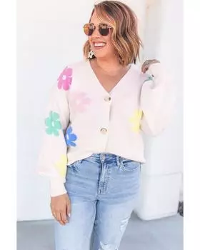 Azura Exchange Бежевый цветочный узор V-образный вырез на пуговицах кардиган размера плюс 3X бежевый