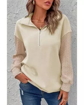 Azura Exchange Beige Half Zip Textured Patchwork Sleeve Drop Shoulder Sweatshirt S бежевый