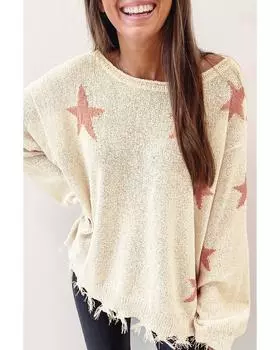 Azura Exchange Beige Starry Long Sleeve Raw Hem Sweater S бежевый