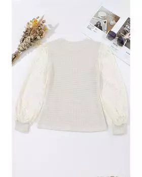 Azura Exchange Beige Sunflower Mesh Bubble Sleeve Waffle Knit Top XL бежевый
