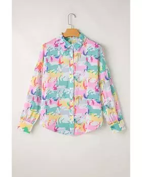 Azura Exchange Белая Повседневная Рубашка С Длинным Рукавом И Напряженной Пуговицами Цветной Лошадь Напечатана XL белый