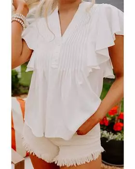 Azura Exchange Белая рубашка с V-образным вырезом, складками спереди и оборками на рукавах S белый