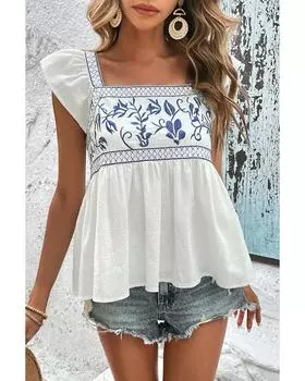 Azura Exchange Белая вышитая блузка с квадратным вырезом и баской L белый