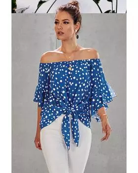 Azura Exchange Bell Sleeve Off Shoulder Tie Knot Top S небесно-голубой