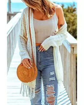 Azura Exchange Бежевый кардиган с кисточками и косами - 100% акрил ONE SIZE бежевый