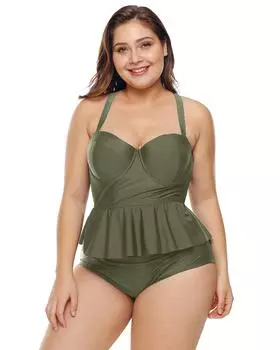 Azura Exchange Бикини больших размеров с формованными чашками и пеплумом из оливкового масла M зелёный