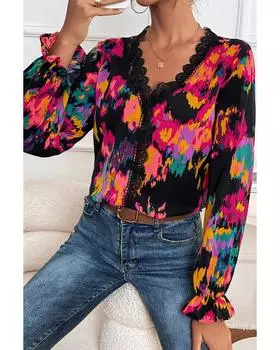 Azura Exchange Черная блузка с абстрактным принтом, оборками на рукавах и кружевом с V-образным вырезом M чёрный