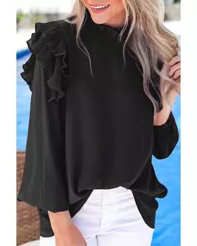 Azura Exchange Черная блузка с застежкой-каплей на спине, плиссированной оборкой и отделкой M чёрный