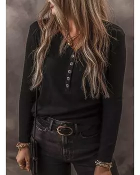 Azura Exchange Черный топ с V-образным вырезом и длинными рукавами на пуговицах в рубчик L чёрный