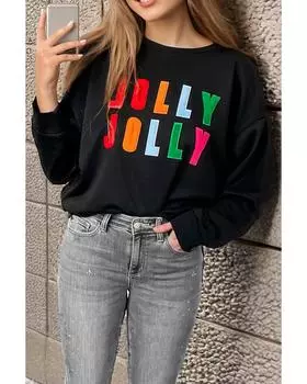 Azura Exchange Black Chenille Holly Jolly Graphic Long Sleeve Top M чёрный