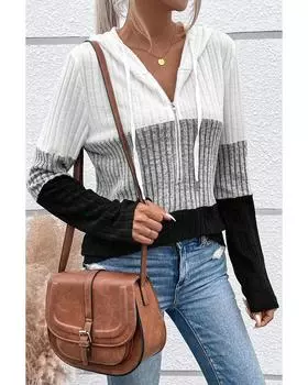 Azura Exchange Black Color Block Ribbed Half Zip Drawstring Hooded Top S чёрный