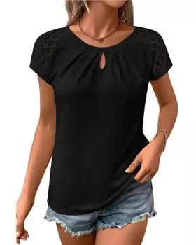 Azura Exchange Black Contrast Lace Sleeve Keyhole Decor Top S чёрный