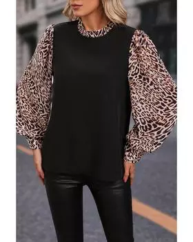Azura Exchange Черная блузка с контрастным леопардовым принтом и рукавами-фонариками M чёрный