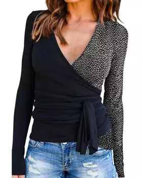 Azura Exchange Черный топ с длинными рукавами и контрастным принтом, завязками по бокам S чёрный