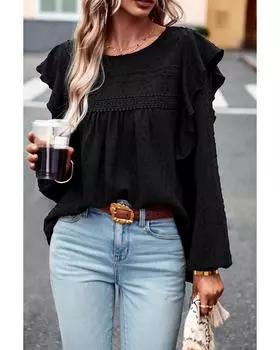 Блузка Azura Exchange Black Lace с оборками на плечах и длинными рукавами S чёрный