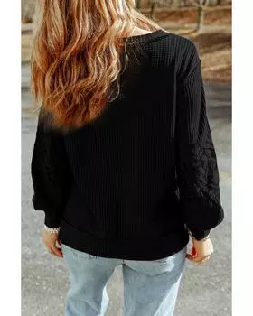 Azura Exchange Черный кружевной вафельный пэчворк с бретельками и V-образным вырезом с длинными рукавами L чёрный