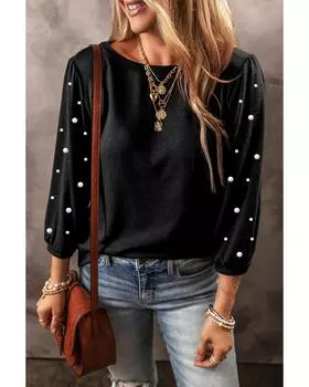 Azura Exchange Футболка с круглым вырезом и рукавом 3/4 с декором из черного жемчуга M чёрный