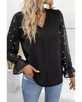 Azura Exchange Black Pearl Mesh Flounce Sleeve V Neck Blouse S чёрный