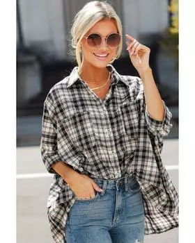 Azura Exchange Black Plaid Print Chest Pockets Oversize Shirt L чёрный