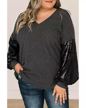 Azura Exchange Черный трикотажный топ размера плюс с пайетками и рукавами-фонариками и V-образным вырезом 1X чёрный