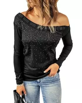 Azura Exchange Black Rhinestone Detail Asymmetric Cold Shoulder Top S чёрный