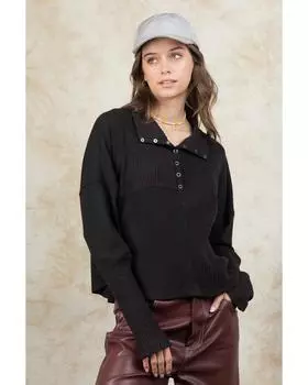 Azura Exchange Black Ribbed Knit Snap Button Long Sleeve Top XL чёрный