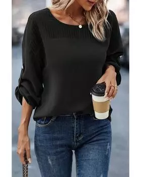 Azura Exchange Черная блузка с отстрочкой и закатанными рукавами L чёрный