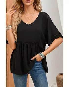 Azura Exchange Черный свободный топ с V-образным вырезом и кружевной отделкой M чёрный