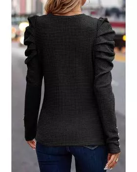 Azura Exchange Black Solid Color Textured Buttoned Gigot Sleeve Top L чёрный