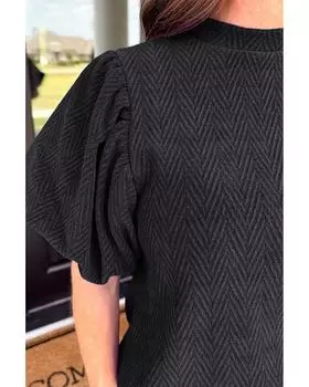 Azura Exchange Black Solid Textured Puff Sleeve Mock Neck Blouse L чёрный