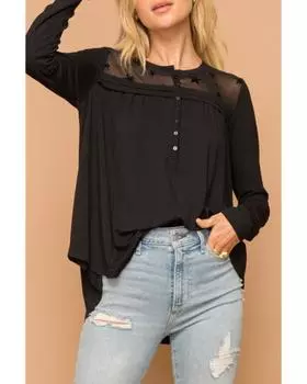 Azura Exchange Черная блузка с сетчатой кокеткой и драпировкой S чёрный