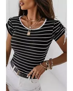 Azura Exchange Black Striped Drawstring Sleeve Contrast Neckline T Shirt L чёрный